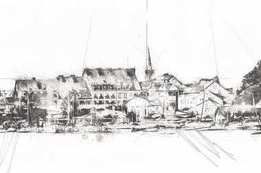 Güneşli yaz gününde Mikolajki kasabasında yat gezintisi, Mazury Lake District, Polonya, illüstrasyon, çizim, eskiz, klasik, sanat, resim, antika, retro