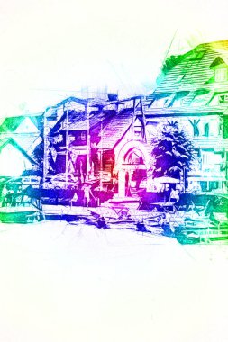 Güneşli yaz gününde Mikolajki kasabasında yat gezintisi, Mazury Lake District, Polonya, illüstrasyon, çizim, eskiz, klasik, sanat, resim, antika, retro