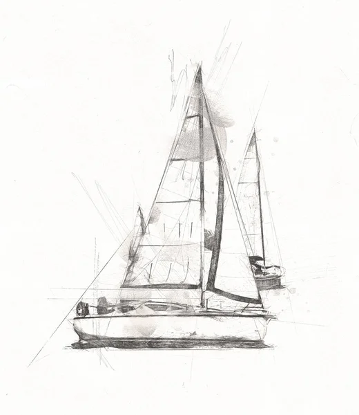 湖を航海ヨット 背景に雲 イラスト スケッチ ヴィンテージ アート ヴィンテージ アンティーク レトロを開発セーリング — ストック写真