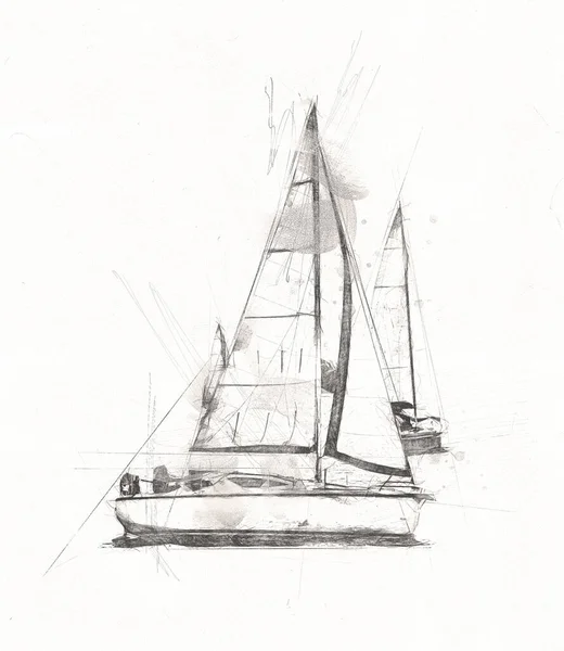 Sailing Yachts Sailing Lake Background Developing Clouds Illustration Drawing Sketch — Stock Photo, Image