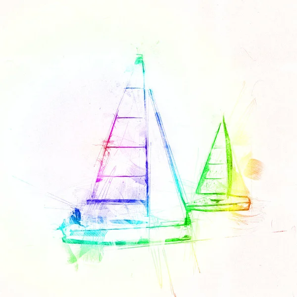 Sailing Yachts Sailing Lake Background Developing Clouds Illustration Drawing Sketch — Stock Photo, Image