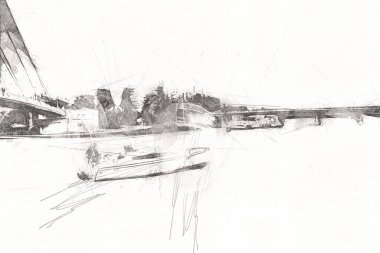 Güneşli yaz gününde Mikolajki kasabasında yat gezintisi, Mazury Lake District, Polonya, illüstrasyon, çizim, eskiz, klasik, sanat, resim, antika, retro