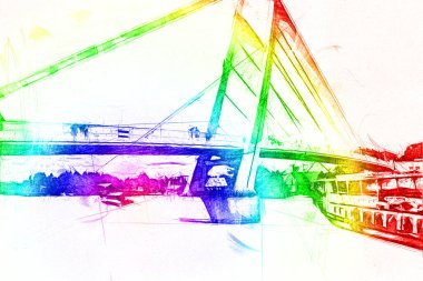 Güneşli yaz gününde Mikolajki kasabasında yat gezintisi, Mazury Lake District, Polonya, illüstrasyon, çizim, eskiz, klasik, sanat, resim, antika, retro