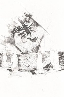 Mikolajki 'deki şehir pazarı güneşli yaz gününde, Mazury Lake Bölgesi, Polonya, illüstrasyon, çizim, eskiz, klasik, resim, antika, retro