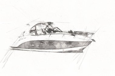 Gölde yelkenli gezintisi, arka planda bulutlar, illüstrasyon, çizim, eskiz, klasik, sanat, klasik, antika, retro