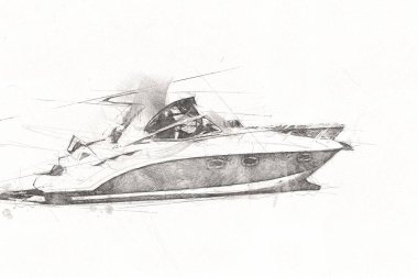 Gölde yelkenli gezintisi, arka planda bulutlar, illüstrasyon, çizim, eskiz, klasik, sanat, klasik, antika, retro