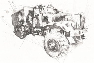 Zırhlı Araç Teknik Askeri Kamyon Sanat Çizimi