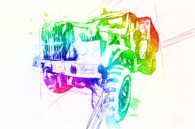 Zırhlı Araç Teknik Askeri Kamyon Sanat Çizimi