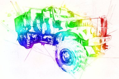 Zırhlı Araç Teknik Askeri Kamyon Sanat Çizimi