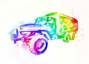 Zırhlı Araç Teknik Askeri Kamyon Sanat Çizimi