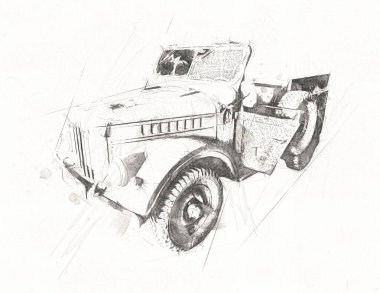 Amerikan askeri araç komutu savaşta, illüstrasyon, çizim, eskiz, klasik, resim, antika, retro