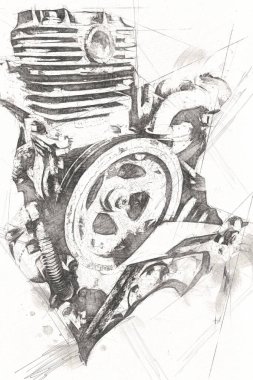 Motosiklet motorunun bir parçası atölyede, resim, çizim, eskiz, klasik, resim, klasik, antika, retro