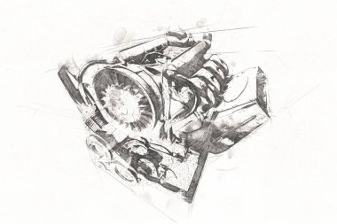 Motosiklet motorunun bir parçası atölyede, resim, çizim, eskiz, klasik, resim, klasik, antika, retro
