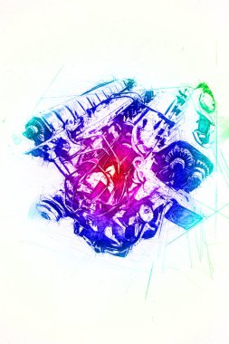 Motosiklet motorunun bir parçası atölyede, resim, çizim, eskiz, klasik, resim, klasik, antika, retro