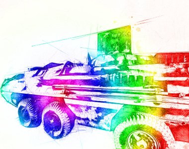 Eski zırhlı personel taşıyıcı, illüstrasyon, çizim, eskiz, vintage, resim, antika, retro