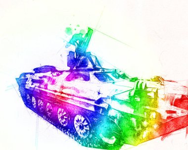 Eski zırhlı personel taşıyıcı, illüstrasyon, çizim, eskiz, vintage, resim, antika, retro