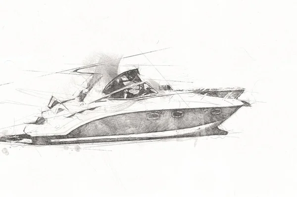 Motorbootfahren Auf Dem See Hintergrund Sich Entwickelnde Wolken Illustration Zeichnung — Stockfoto