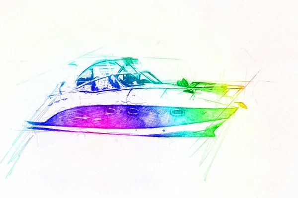 Моторний Човен Пливе Озері Задньому Плані Розвиваються Хмари Ілюстрація Малюнок — стокове фото