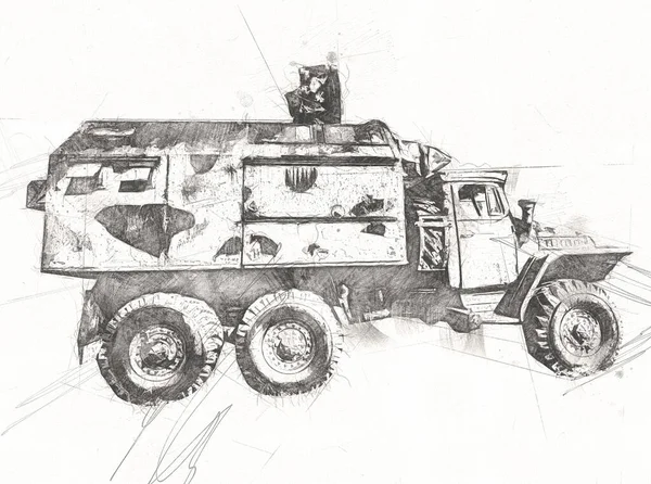 Veículo Blindado Técnico Militar Caminhão Arte Ilustração Isolado Esboço — Fotografia de Stock