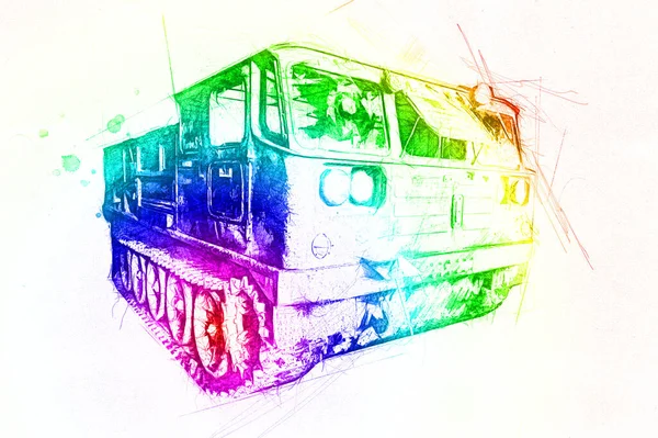 Ilustrasi Seni Truk Militer Teknis Kendaraan Lapis Baja Terisolasi Sketsa — Stok Foto