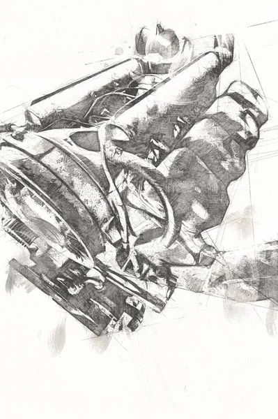 Parte Del Motore Moto Tavolo Officina Illustrazione Disegno Schizzo Vintage — Foto Stock