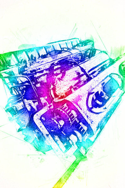 Part of motorcycle engine on a table in workshop, illustration, drawing, sketch, vintage, art, painting, vintage, antique, retro