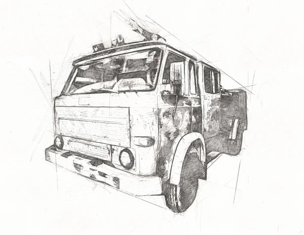 Vintage Commer Fire Engine Lastbil Parkerad Väg Illustration Teckning Skiss — Stockfoto