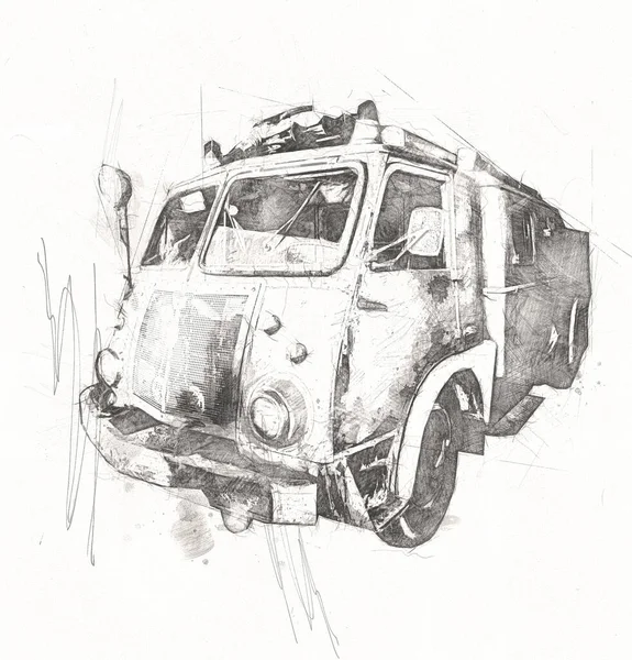 Ročník Commer Fire Engine Nákladní Automobil Zaparkovaný Silnici Ilustrace Kresba — Stock fotografie