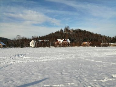 Kış manzarası, panorama, bayrak - kış ormanlarındaki karlı yol manzarası