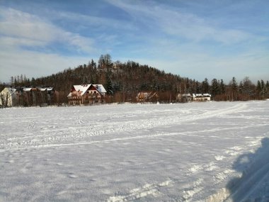 Kış manzarası, panorama, bayrak - kış ormanlarındaki karlı yol manzarası