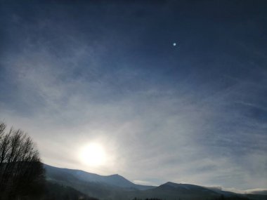 Kış manzarası, panorama, bayrak - kış ormanlarındaki karlı yol manzarası