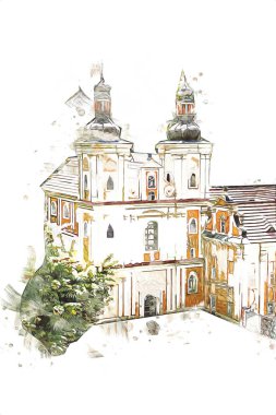 Hava kalesinden Klodzko Kilisesi. Sanat eserleri, antika eskizler.