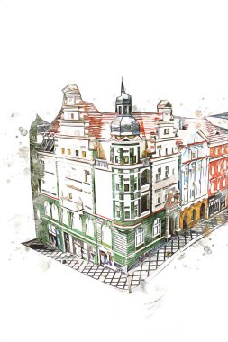 Klodzko şehir merkezi, hava kalesi sanat illüstrasyonundan antika eskiz.