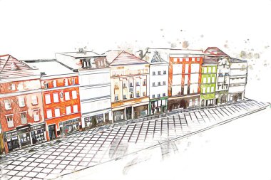 Klodzko şehir merkezi, hava kalesi sanat illüstrasyonundan antika eskiz.