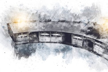 Tren garajı, Klodzko Polonya 'daki Roundhouse sanat illüstrasyonu antika eskiz.