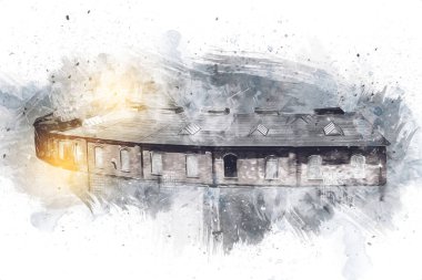 Tren garajı, Klodzko Polonya 'daki Roundhouse sanat illüstrasyonu antika eskiz.