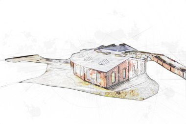 Tren garajı, Klodzko Polonya 'daki Roundhouse sanat illüstrasyonu antika eskiz.