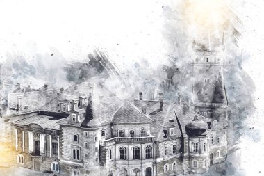 Bokw 'daki sarayın panoraması hava manzaralı sanat illüstrasyonu antika eskiz.