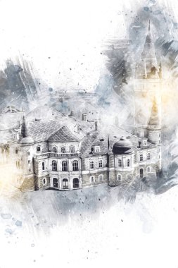 Bokw 'daki sarayın panoraması hava manzaralı sanat illüstrasyonu antika eskiz.