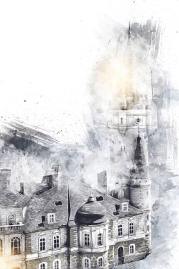 Bokw 'daki sarayın panoraması hava manzaralı sanat illüstrasyonu antika eskiz.