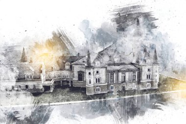 Bokw 'daki sarayın panoraması hava manzaralı sanat illüstrasyonu antika eskiz.