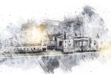 Bokw 'daki sarayın panoraması hava manzaralı sanat illüstrasyonu antika eskiz.