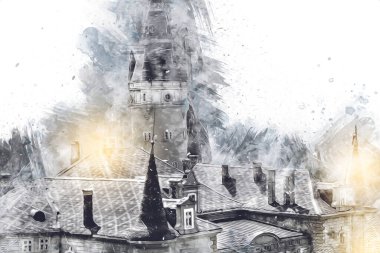 Bokw 'daki sarayın panoraması hava manzaralı sanat illüstrasyonu antika eskiz.