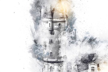 Bokw 'daki sarayın panoraması hava manzaralı sanat illüstrasyonu antika eskiz.