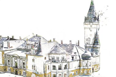 Bokw 'daki sarayın panoraması hava manzaralı sanat illüstrasyonu antika eskiz.