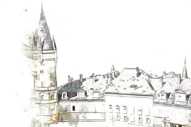 Bokw 'daki sarayın panoraması hava manzaralı sanat illüstrasyonu antika eskiz.