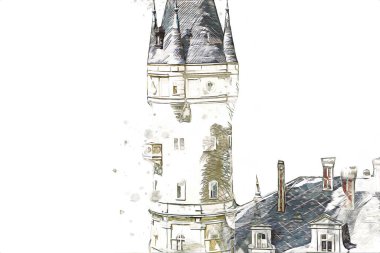 Bokw 'daki sarayın panoraması hava manzaralı sanat illüstrasyonu antika eskiz.