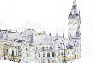 Bokw 'daki sarayın panoraması hava manzaralı sanat illüstrasyonu antika eskiz.