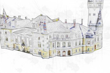 Bokw 'daki sarayın panoraması hava manzaralı sanat illüstrasyonu antika eskiz.