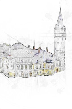 Bokw 'daki sarayın panoraması hava manzaralı sanat illüstrasyonu antika eskiz.